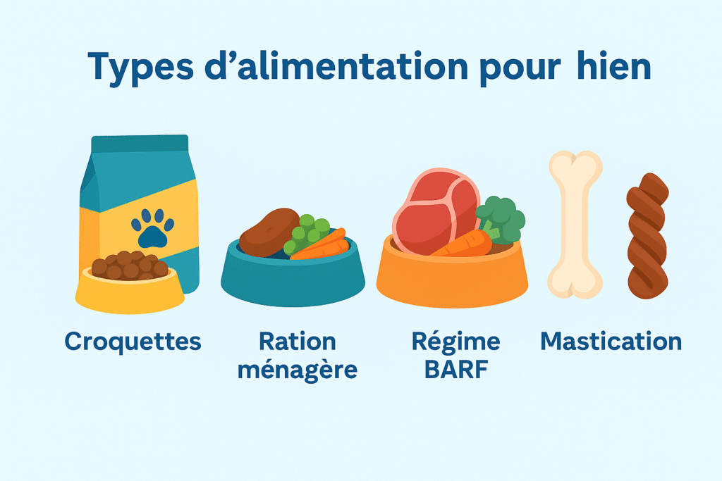 illustration de l'alimentation du chien : alimentation chiot, friandises pour chien, BARF chien, meilleures croquettes, recette friandise chien.