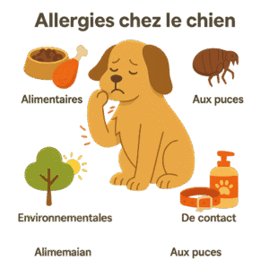 Chien triste avec allergie chien diverses.