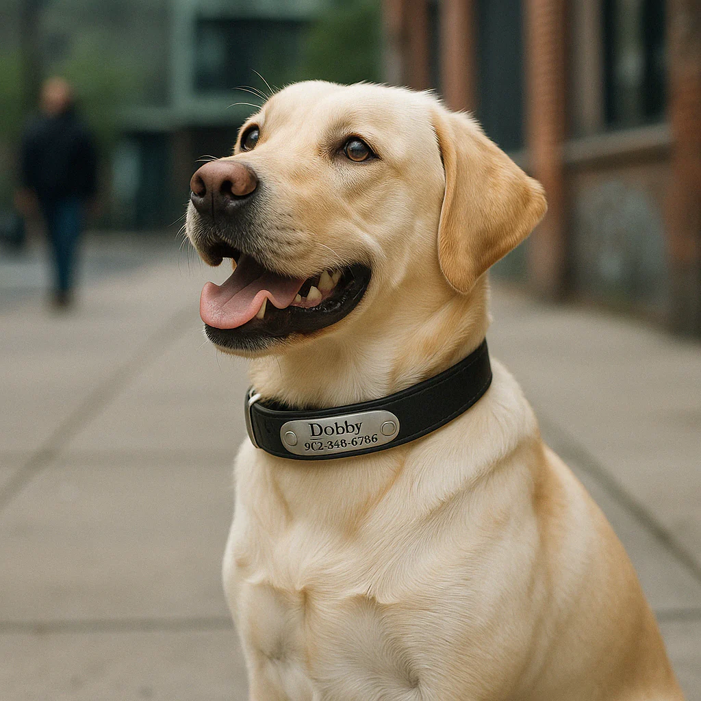 Labrador portant un collier chien gravé personnalisé avec prénom, illustrant la personnalisation collier chien en cuir réglable pour allier sécurité et style.