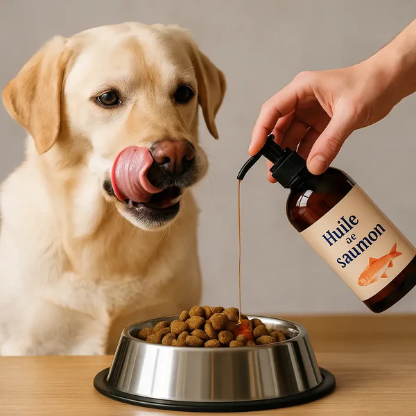 Chien gourmand recevant de l’huile de saumon sur ses croquettes, un complément alimentaire naturel riche en oméga 3 pour améliorer le pelage et la santé des articulations.