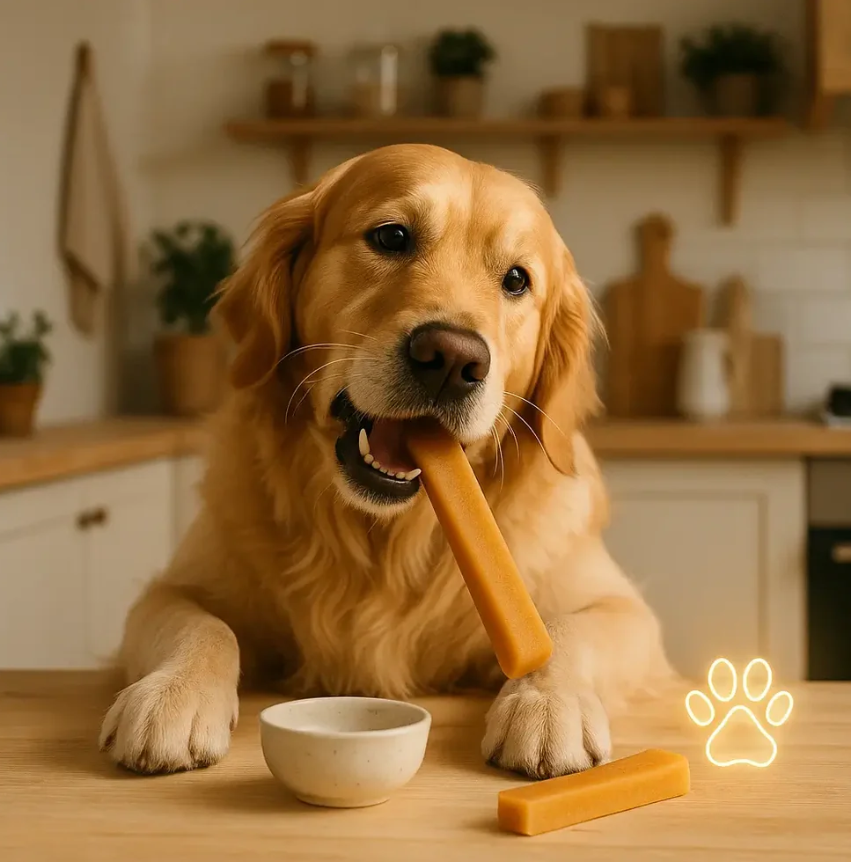 Golden Retriever dégustant un fromage de yak pour chien, friandise naturelle et saine favorisant la mastication durable et le bien-être animal.