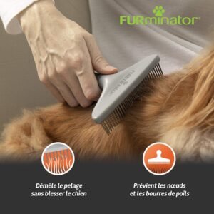 Brosse Furminator pour chien en action, démêle le pelage sans blesser et prévient les nœuds et bourres de poils