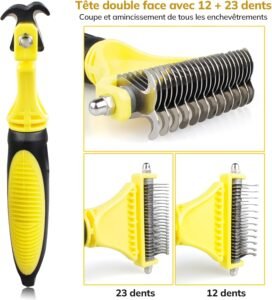 Tête de brosse pour chien à double rangée de dents inox, idéale pour le démêlage du pelage et la réduction des nœuds sans agresser la peau.