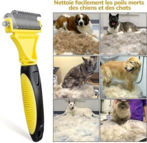 Brosse pour chien et chat retirant les poils morts, montrant l’efficacité du brossage pour limiter la perte de poils et améliorer l’hygiène du pelage.