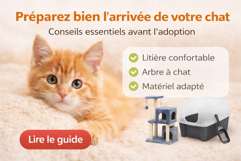 adoption chat préparation arrivée chat avec chaton roux, litière pour chat et arbre à chat indispensables avant adoption