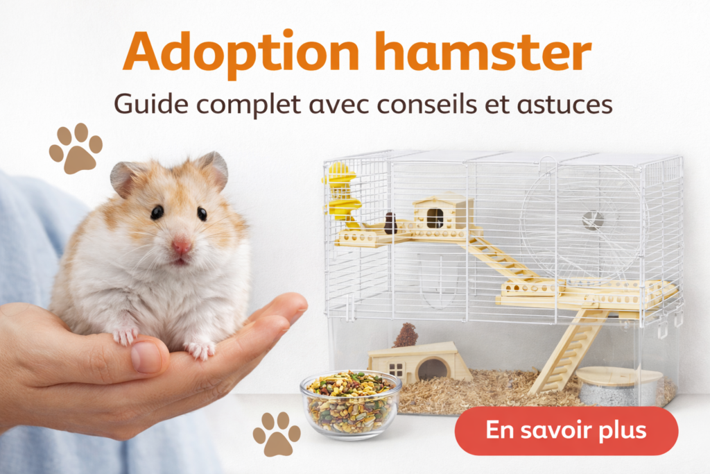 adoption hamster image de mise en avant avec hamster dans la main, cage équipée avec accessoires et bol de nourriture pour bien préparer son arrivée