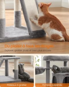 Chat utilisant les poteaux à griffer d’un arbre à chat avec planche inclinée et pompon suspendu