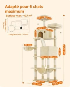 Dimensions complètes d’un arbre à chat XXL 206 cm adapté jusqu’à 6 chats avec plateformes et niches
