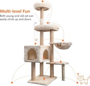 Arbre à chat HOMIDEC multi-niveaux avec parcours de jeu, hamac suspendu, plateforme haute et zones de repos adaptées à tous les chats.