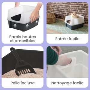 adoption chat litière pour chat avec parois hautes amovibles et entrée facile adaptée aux chats