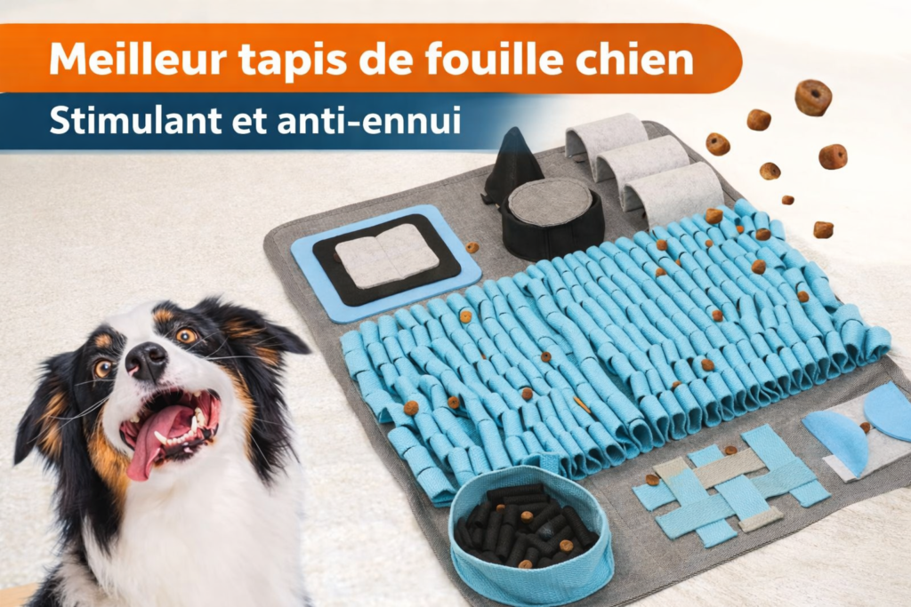 Tapis de fouille chien interactif bleu et gris avec friandises cachées, idéal pour stimuler l’odorat et réduire l’ennui chez le chien