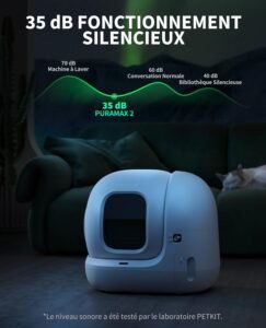 Litière autonettoyante silencieuse PETKIT Pura Max 2 avec fonctionnement à 35 dB pour un confort optimal du chat