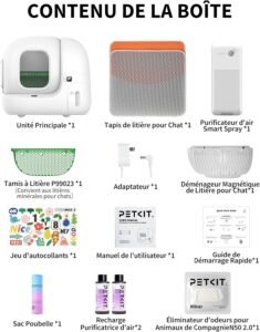 Contenu complet de la litière autonome PETKIT Pura Max 2 avec accessoires, tapis, purificateur d’air et recharges