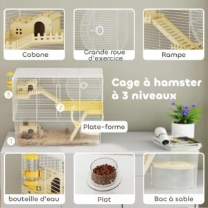 Adoption hamster avec cage 3 niveaux incluant cabane, grande roue, rampe et bac à sable