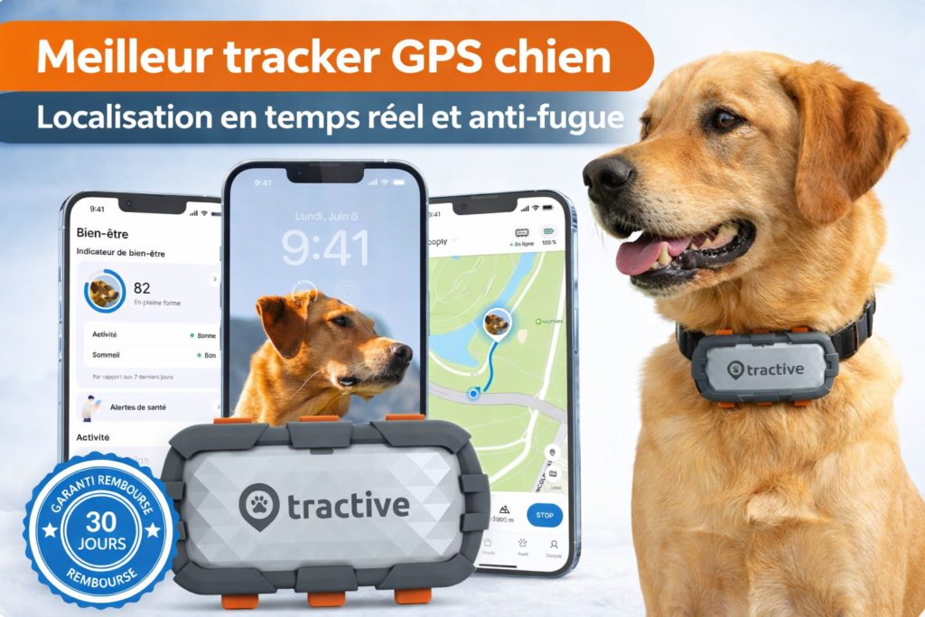 Tracker GPS chien avec localisation en temps réel, alertes anti-fugue et suivi d’activité via application mobile