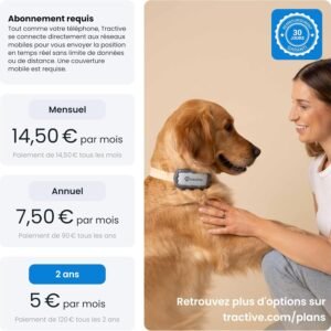 Tracker GPS chien avec abonnement mensuel ou annuel pour localisation illimitée et clôture virtuelle