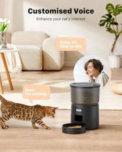 distributeur croquettes chat automatique avec fonction enregistrement vocal et chat en train de manger