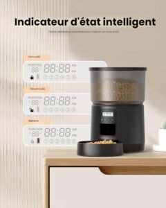 distributeur croquettes chat programmable avec indicateur intelligent de portions et batterie de secours