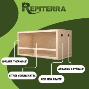 terrarium reptile en bois isolant thermique avec vitres coulissantes et aération latérale