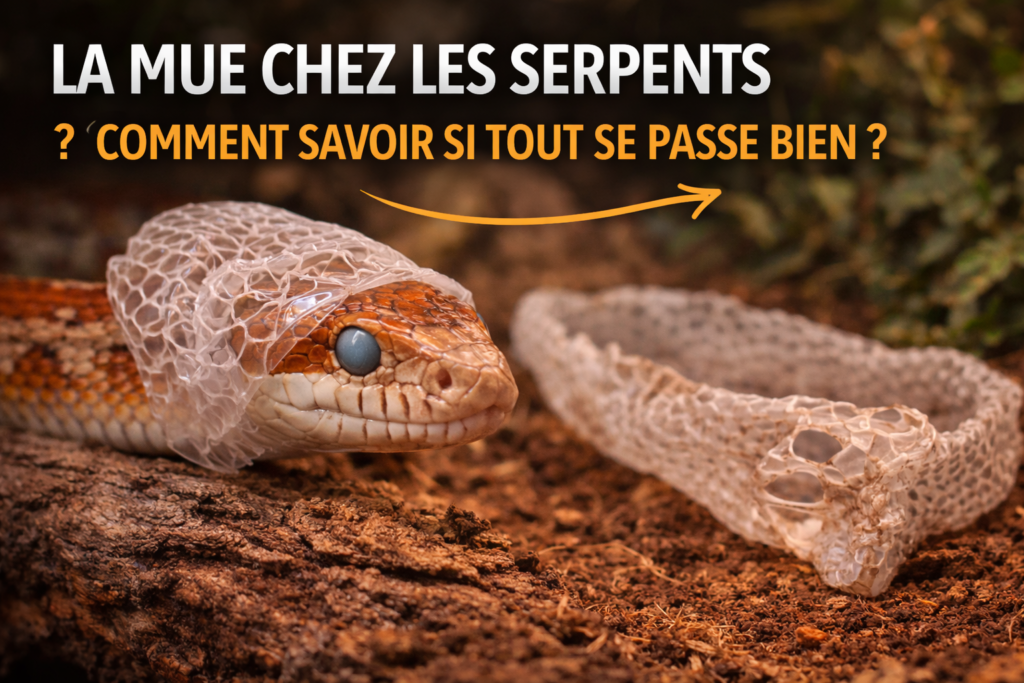 Image de mise en avant montrant un serpent en train de muer avec sa peau détachée dans un terrarium, illustration pour un article sur la mue du serpent et les signes d’une mue normale.