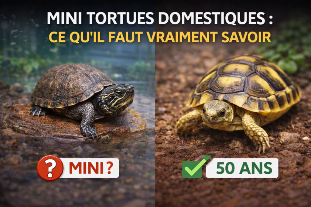 Image de mise en avant montrant une tortue aquatique et une tortue terrestre, illustrant le sujet des mini tortues domestiques et leur taille adulte réelle.