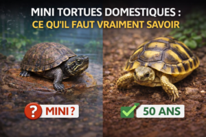 Image de mise en avant montrant une tortue aquatique et une tortue terrestre, illustrant le sujet des mini tortues domestiques et leur taille adulte réelle.