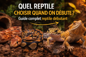 Image de mise en avant montrant un serpent des blés, un python royal, un gecko léopard et un pogona en terrarium, pour un article sur le choix d’un reptile débutant.