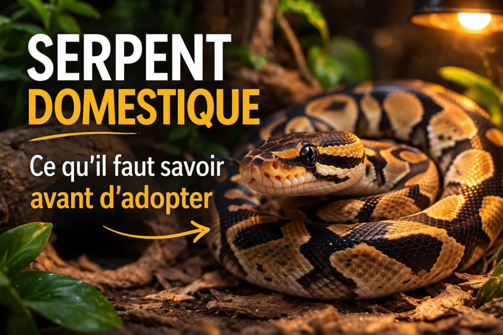 Image de mise en avant montrant un python royal et un serpent des blés dans un terrarium, illustration pour un article sur l’adoption d’un serpent domestique.