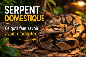 Image de mise en avant montrant un python royal et un serpent des blés dans un terrarium, illustration pour un article sur l’adoption d’un serpent domestique.