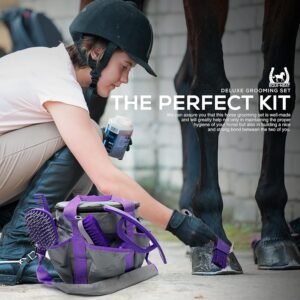 kit toilettage cheval Equi-Neat utilisé sur un sabot, idéal pour pansage complet et entretien quotidien