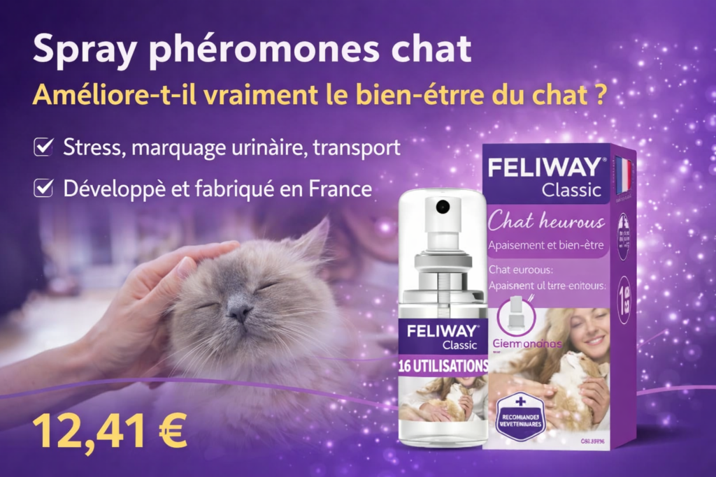 spray phéromones chat FELIWAY Classic avec chat apaisé, utilisé pour réduire le stress, le marquage urinaire et améliorer le bien-être du chat